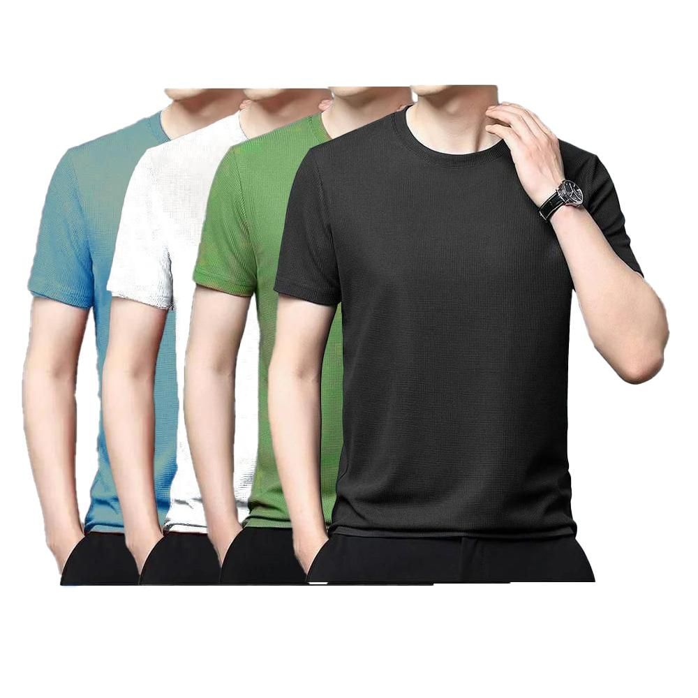 StretchEase Men’s Round Neck T-Shirts (Pack of 4) – Stretchable, Breathable & Quick-Dry Polyester Tees for Everyday Comfort