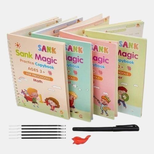 Sank Magic Practice Copybook – 4 Reusable Books with Pen, Grip & Refills | Fun Handwriting & Learning Set for Kids