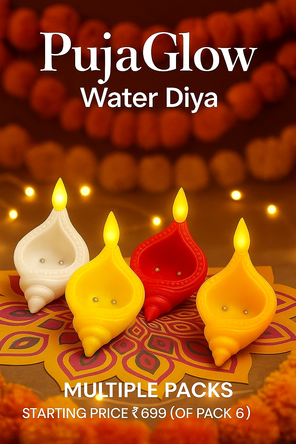 PujaGlow Water Diya – LED Flameless Diya with Automatic Water Sensor, Safe & Reusable for Diwali, Pooja & Home Decoration