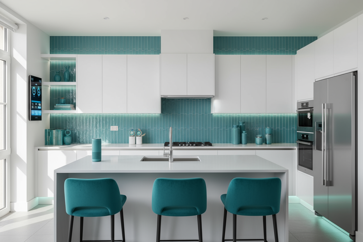 Background Image: clean kitchen or smart home setup.
Colors: white + teal or orange accents (modern, clean vibe).